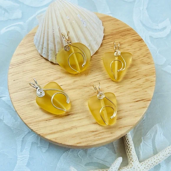 Summer Yellow Sea glass Wave Wirework Necklace with Black Cord - Picture 2 of 5